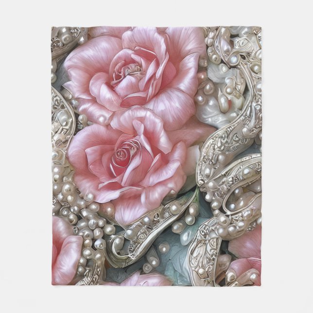 Vintage Pearls and Pink Roses Pattern  Fleece Blanket (Front)