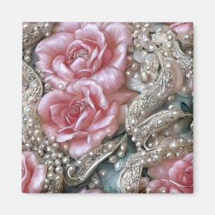 Vintage Pearls and Pink Roses Pattern Magnet