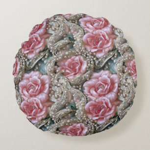 Vintage Pearls and Pink Roses Pattern  Round Pillow