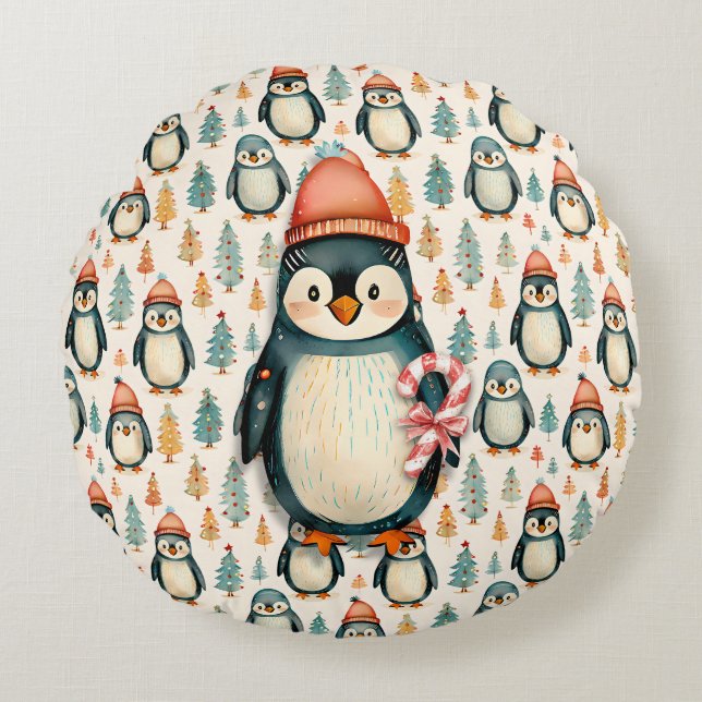  Vintage Penguin with Candy Canes Christmas Round Pillow (Front)
