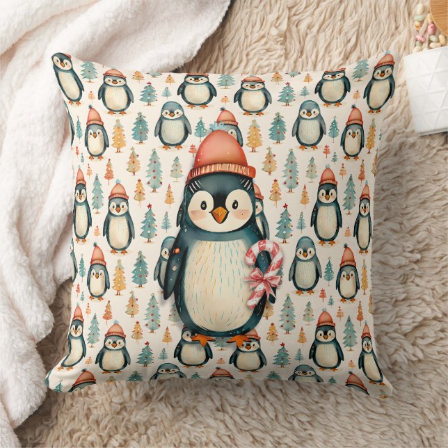  Vintage Penguin with Candy Canes Christmas Throw Pillow (Blanket)