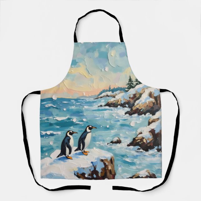 Vintage Penguins on Snowy Coastal Christmas Cliff Apron (Front)
