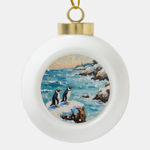 Vintage Penguins on Snowy Coastal Christmas Cliff Ceramic Ball Christmas Ornament