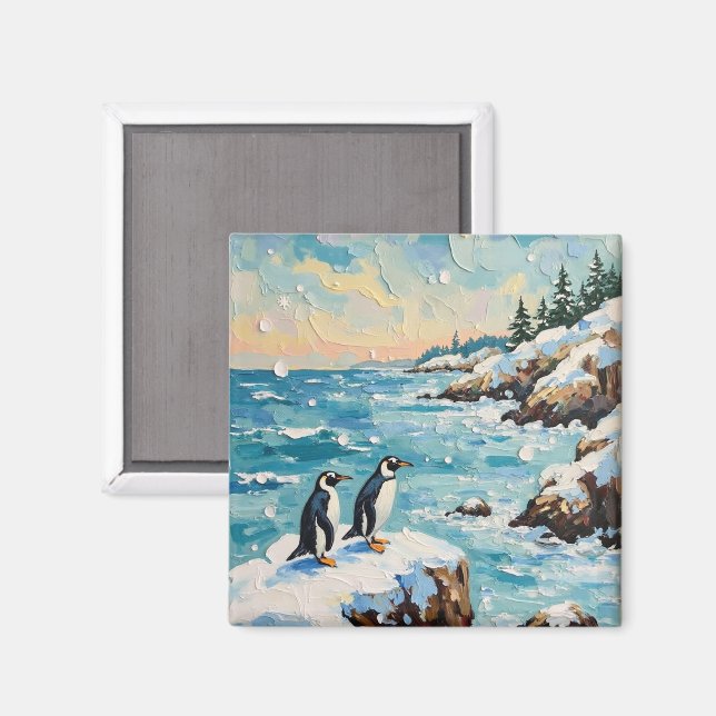 Vintage Penguins on Snowy Coastal Christmas Cliff Magnet (Front/Back)