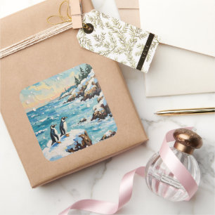 Vintage Penguins on Snowy Coastal Christmas Cliff Square Sticker