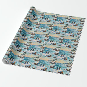 Vintage Penguins on Snowy Coastal Christmas Cliff Wrapping Paper