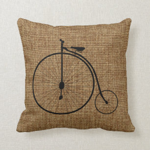 Vintage Penny-Farthing Bicycle On Faux Burlap Throw Pillow