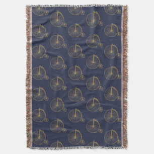 Vintage Penny Farthing Unicycle Navy Gold Pattern Throw Blanket