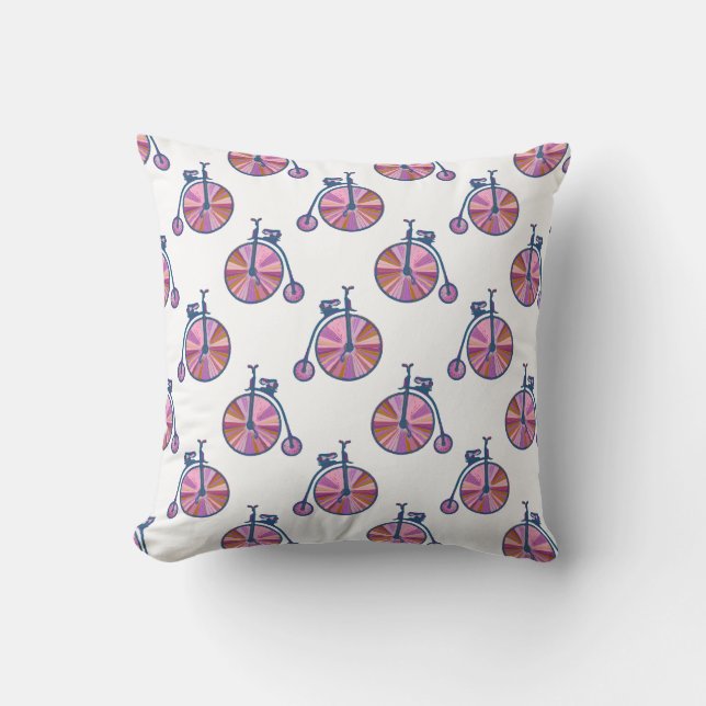 Vintage Penny Farthing Unicycle Pattern in Pink Throw Pillow (Front)