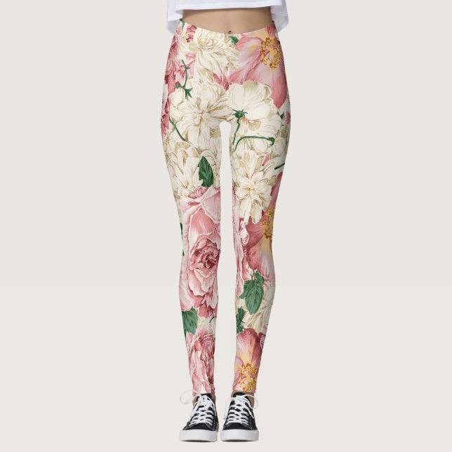 Vintage Peonies and Hydrangeas Pattern Leggings (Front)