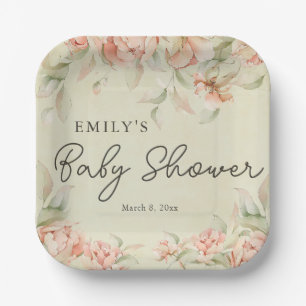 Vintage peonies floral Baby in Bloom Baby Shower Paper Plate