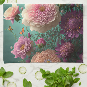 Vintage peonies in pink and burgundy, custom kitchen towel