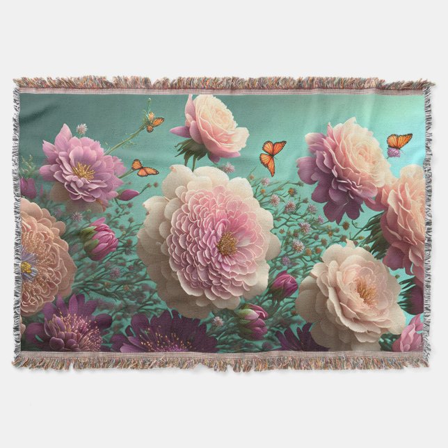 Vintage peonies in pink and burgundy throw blanket (Front)