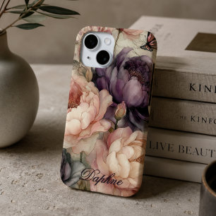 Vintage Peonies in Pink and Purple Personalized iPhone 15 Case