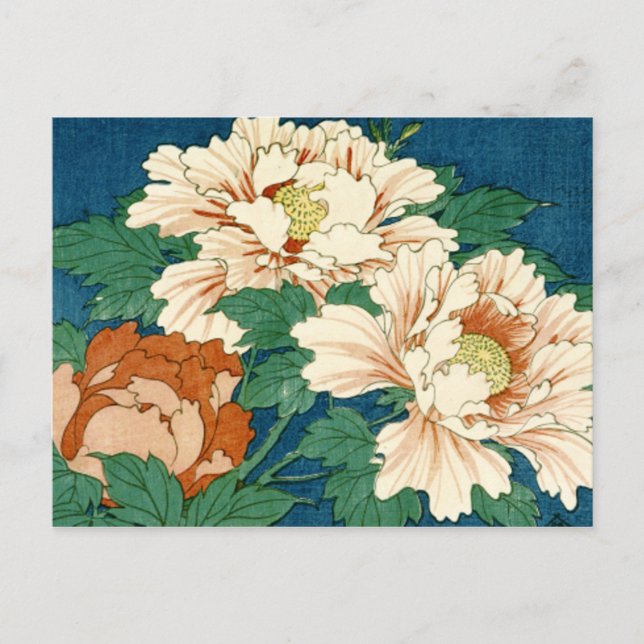 Vintage Peonies on Blue Postcard (Front)