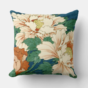 Vintage Peonies on Blue Throw Pillow