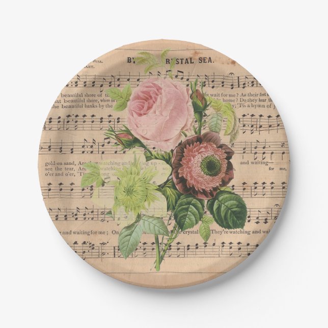 Vintage Peonies on Sheet Music Paper Plate (Front)