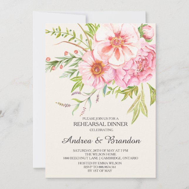 Vintage Peonies Rehearsal Dinner Invitation (Front)