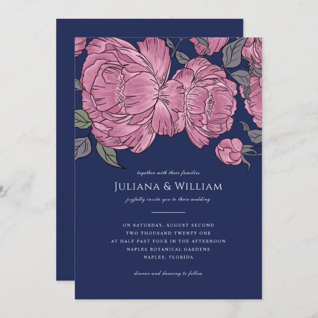 Vintage Peonies Wedding Invitation in Blue (Front/Back)