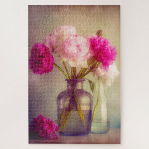 Vintage Peony Bouquet in Glass Vases Jigsaw Puzzle