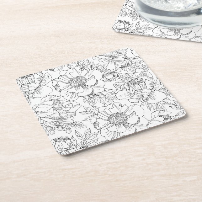 Vintage Peony Floral Pattern Square Paper Coaster (Angled)
