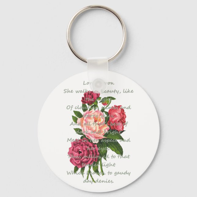 Vintage Peony Flowers Romantic Byron Poem Keychain (Front)