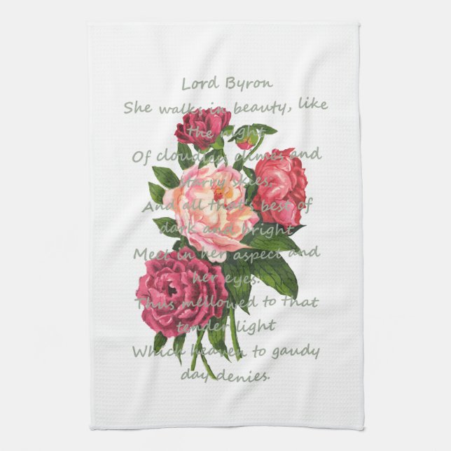 Vintage Peony Flowers Romantic Byron Poem Kitchen Towel (Vertical)