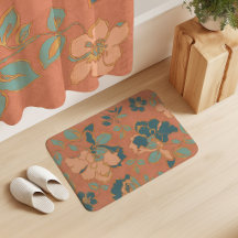 Vintage Peony Flowers Terracotta Teal Aqua