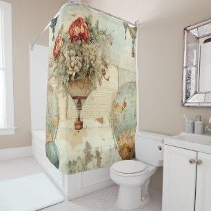 Vintage Peony Hot Air Balloon Antique Map