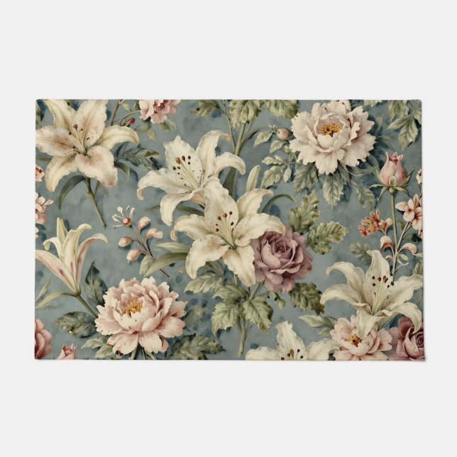 Vintage Peony Lily Floral Pattern Doormat (Front)