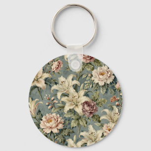 Vintage Peony Lily Floral Pattern Keychain