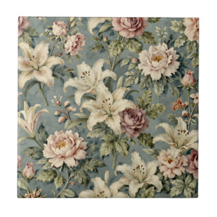 Vintage Peony Lily Floral Pattern Tile