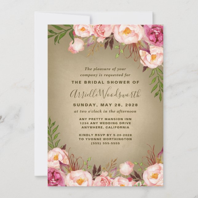 Vintage Peony Rustic Douche nuptiale Invitations (Devant)