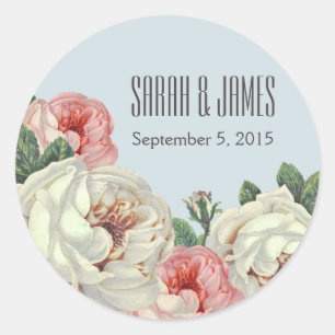 Vintage Peony Wedding Couple Blue Sticker Label