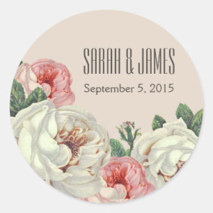 Vintage Peony Wedding Couple Taupe Sticker Label