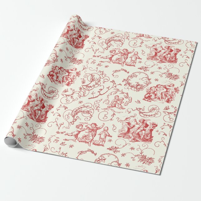 Vintage People Dancing Red Toile Wrapping Paper (Unrolled)