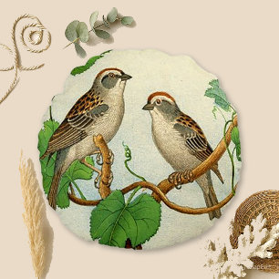 Vintage Perched Birds Round Pillow