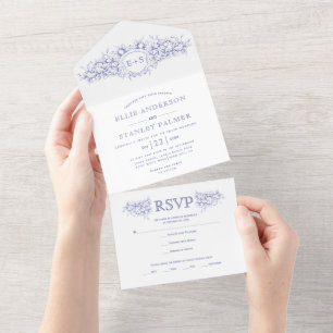 Vintage periwinkle blue heraldic crest wedding all in one invitation