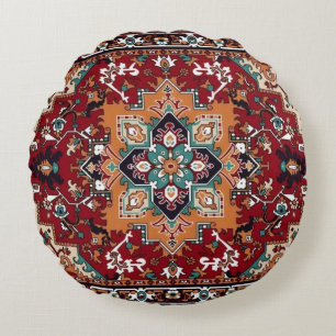 Vintage Persian Rug Pattern in Rust Red and Teal Round Pillow