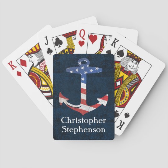 Vintage Personalized American Flag Anchor Nautical Playing Cards