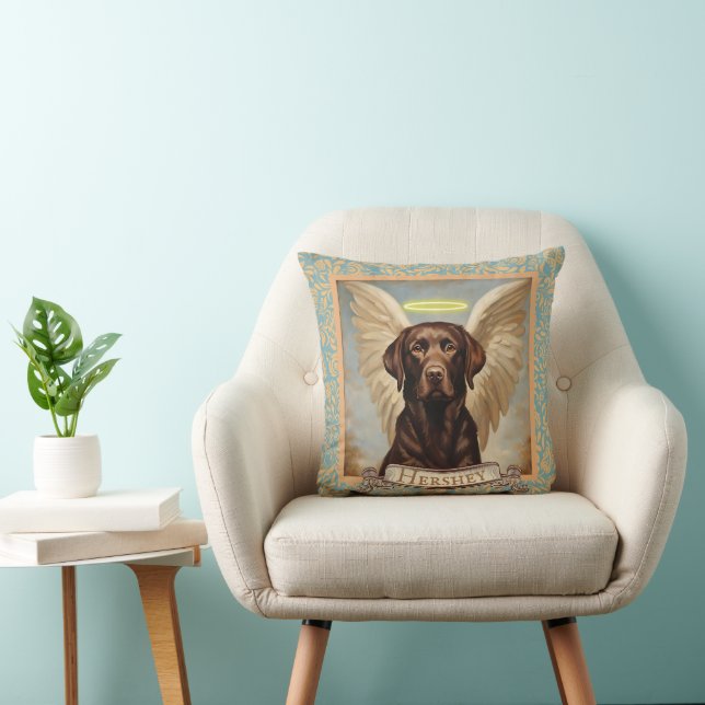 Vintage Personalized Chocolate Labrador Angel  Throw Pillow (Chair)