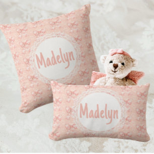 Vintage Personalized Peachy Floral Toile Bows  Lumbar Pillow
