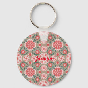 Vintage Personalized Pink Flower Plant Pattern Keychain