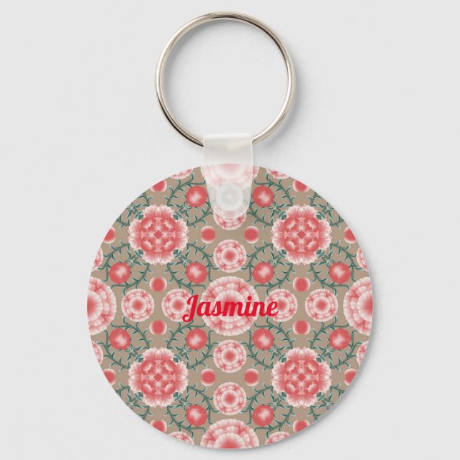 Vintage Personalized Pink Flower Plant Pattern Keychain (Front)