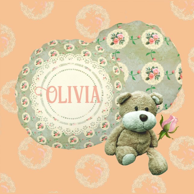 Vintage Personalized Rose Doily Green Damask  Round Pillow (Showing front and back of this darling round pillow!)