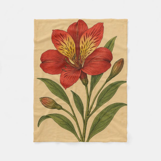 Vintage Peruvian Lily on Weathered Paper Fleece Blanket (Front)