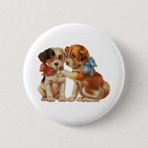 Vintage Pet Animals, Puppy Love Puppies with Bows 2 Inch Round Button