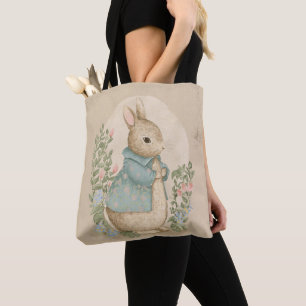 vintage peter rabbit with flowers tote bag