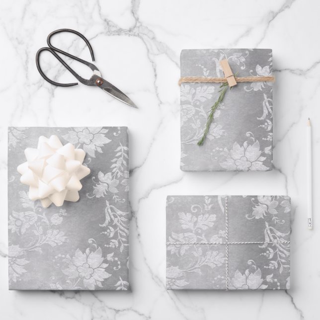 Vintage Pewter Brocade Wedding Wrapping Paper Sheet (Front)