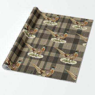 Vintage Pheasant Bird on Beige Brown Plaid Wrapping Paper